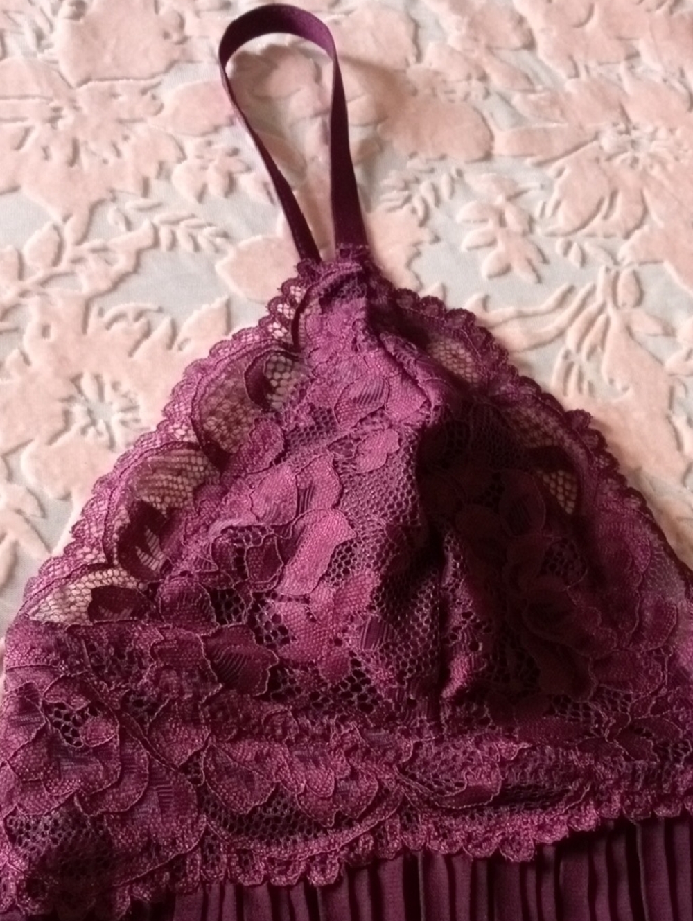 Lace-Trim Satin Pleated Cami & Short Sleep Set - Deep Plum - Picture 3 of 11